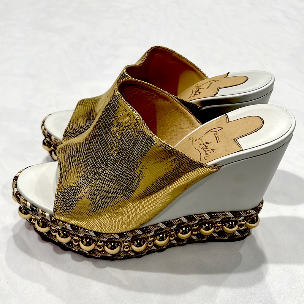 Christian Louboutin Metallic Gold Textured Studded Platform Wedge